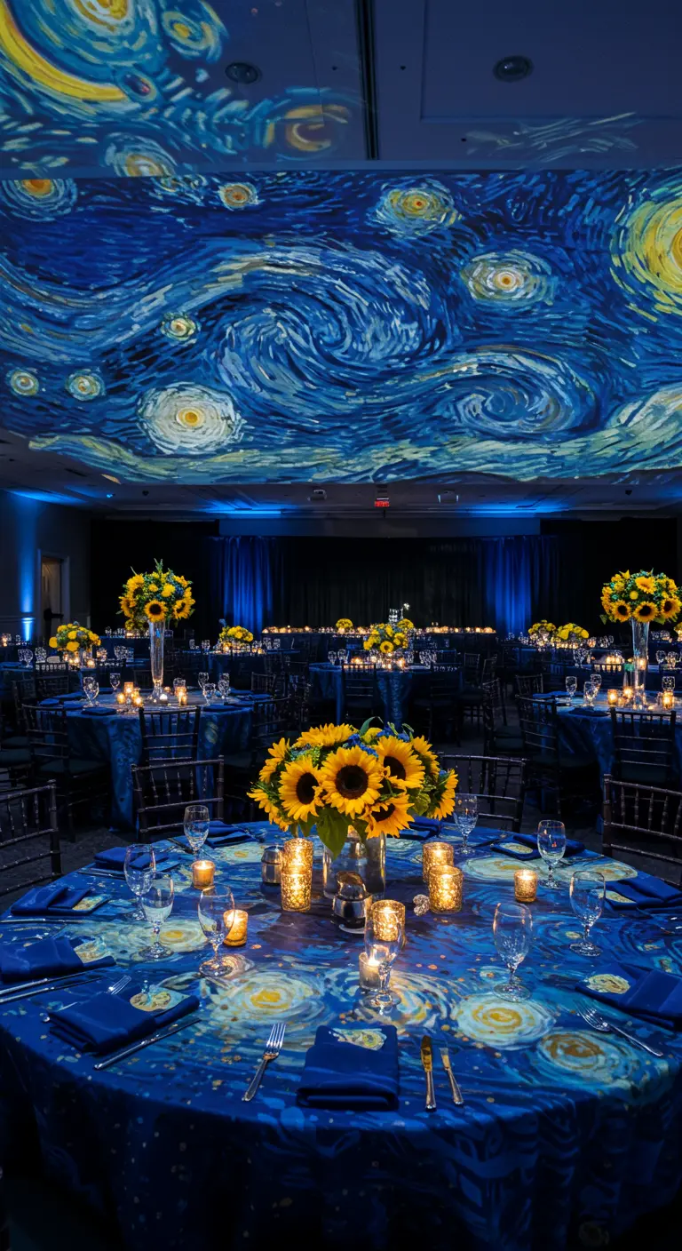 Feestsetting met plafondprojectie van Van Goghs Sterrennacht en zonnebloemen op tafels.