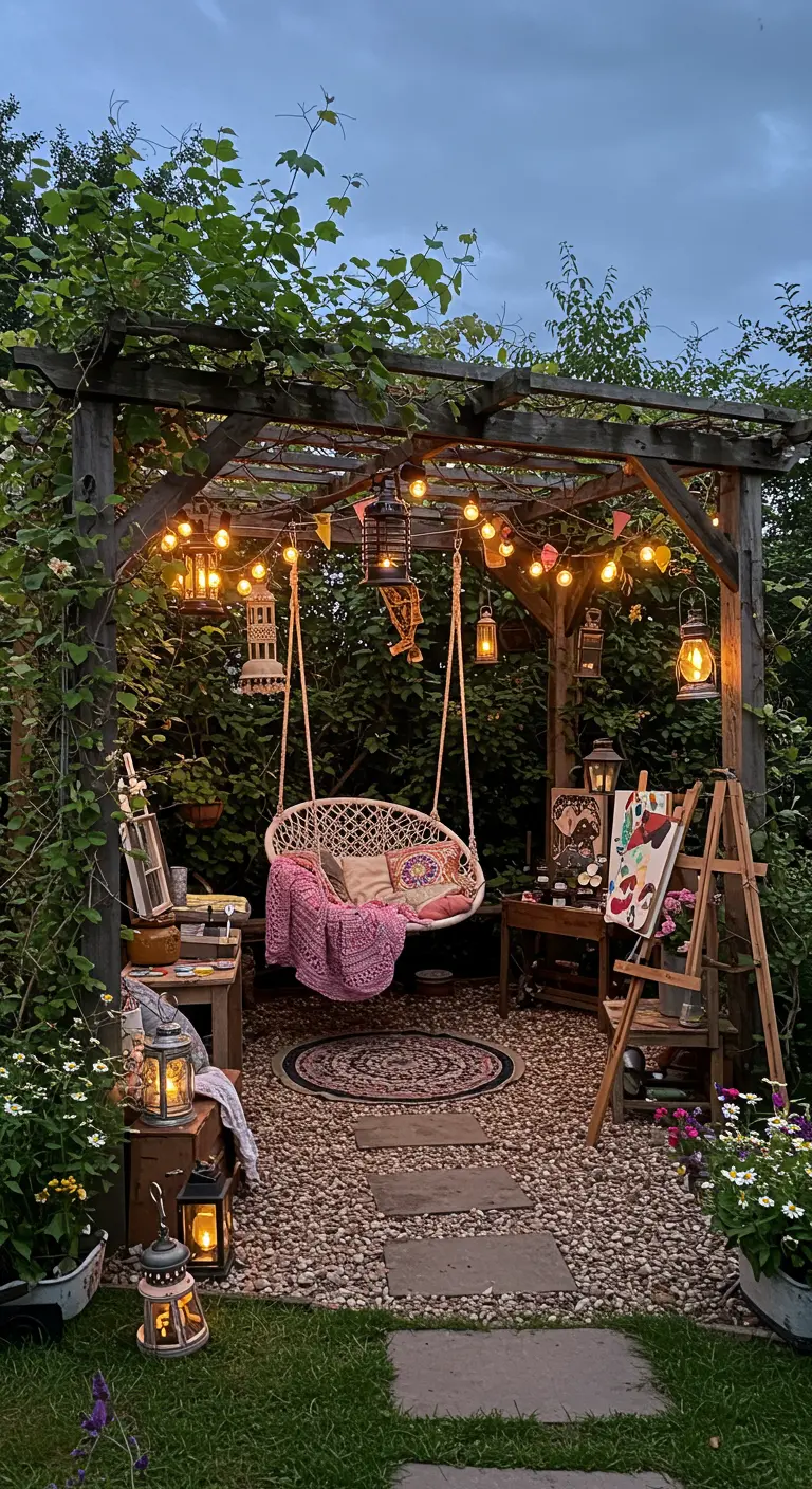 Pergola met wijnranken, hangstoel, lichtslingers, lantaarns, ezel en schildermaterialen voor een buitenstudio.
