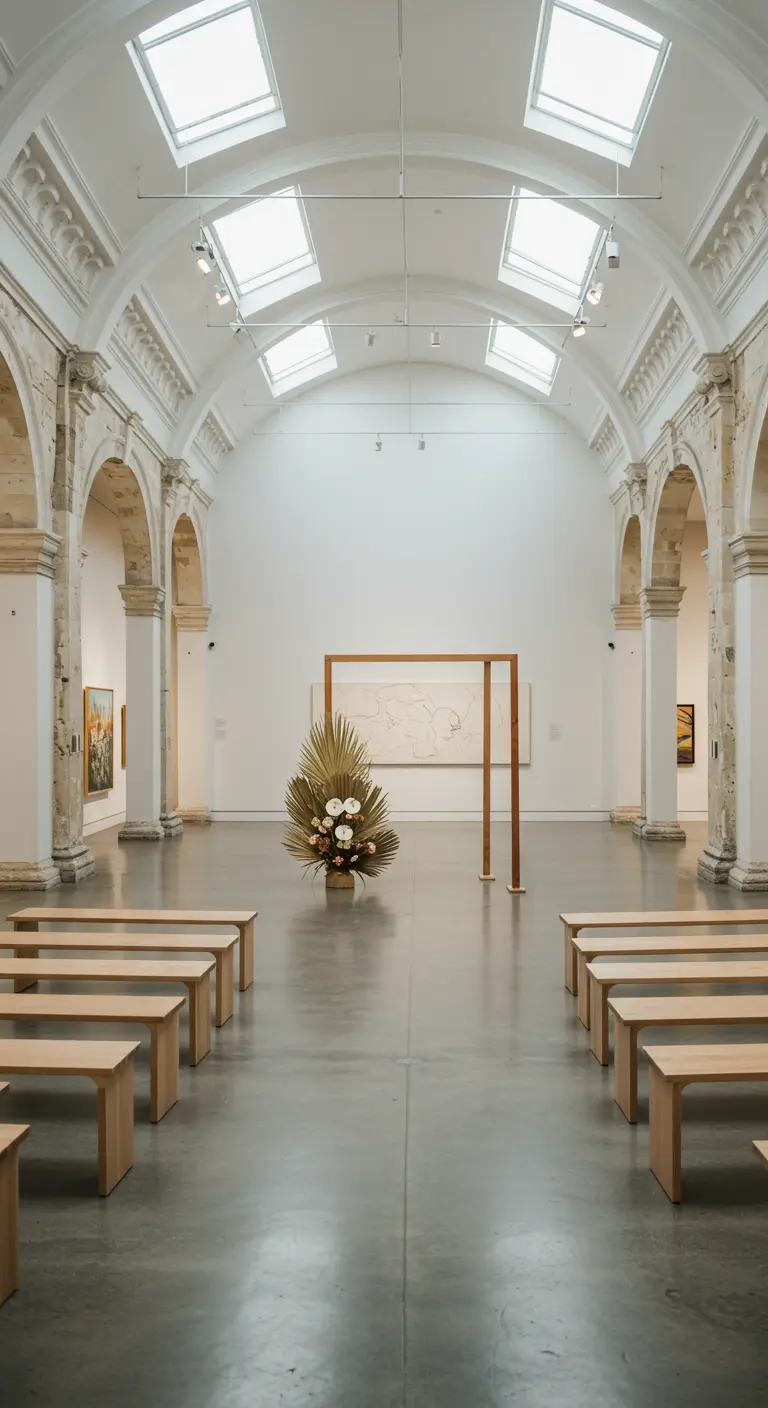 Moderne galerij met minimalistisch houten frame en kunstzinnig bloemstuk als ceremonie decor.