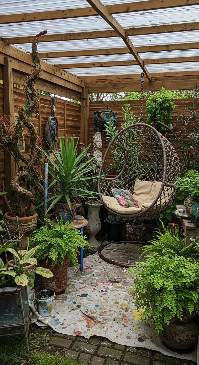 Rotan hangstoel in een artistieke, rommelige tuin met veel planten, beelden en een verfdoek op de grond.