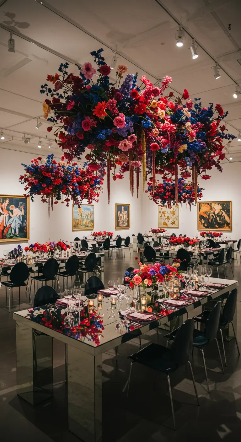 Bruiloft in kunstgalerie met zwevende kleurrijke bloemeninstallaties en spiegelende tafels.