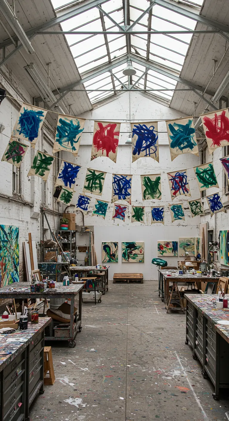 Kunststudio met vlaggen van beschilderd canvas in blauw, rood en groen.