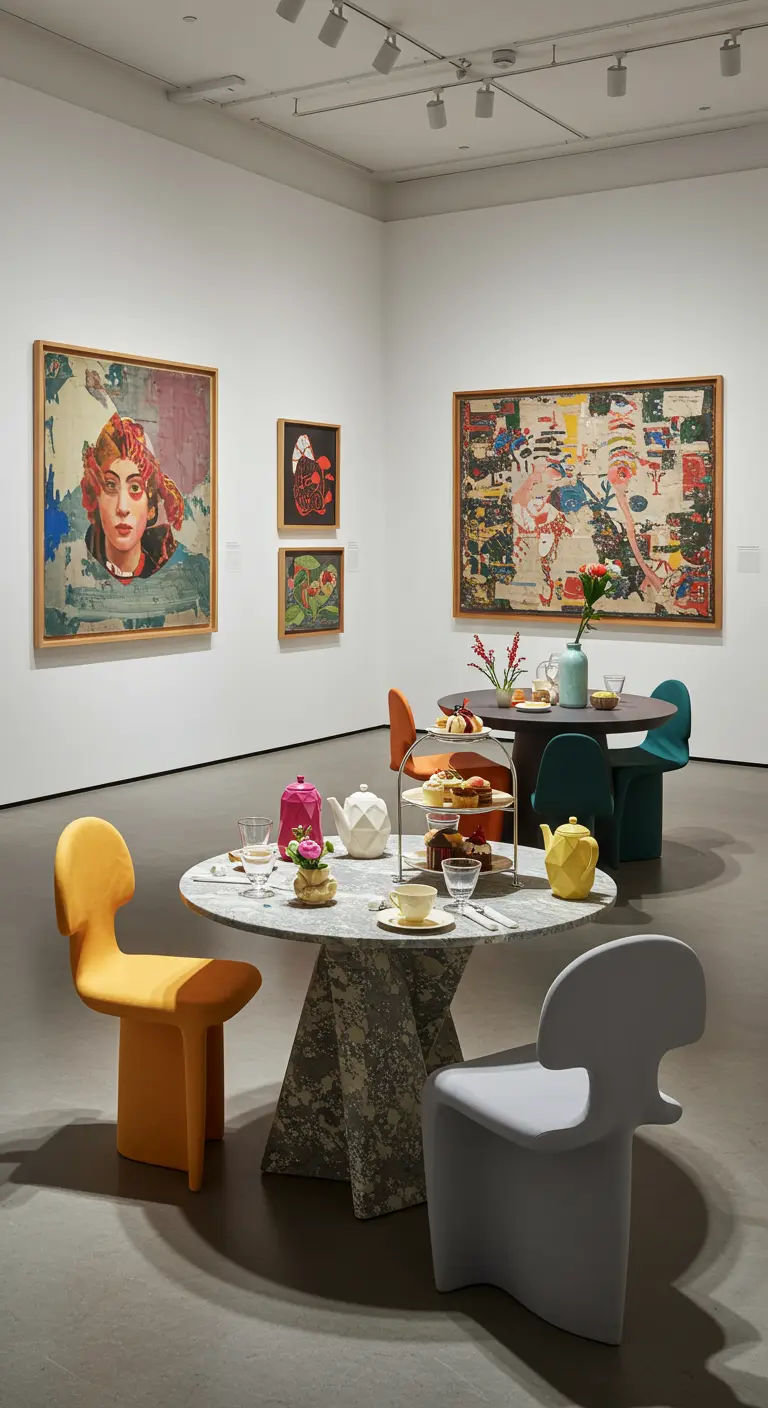 Moderne high tea in een galerie-achtige setting met kleurrijke designstoelen en kunst.