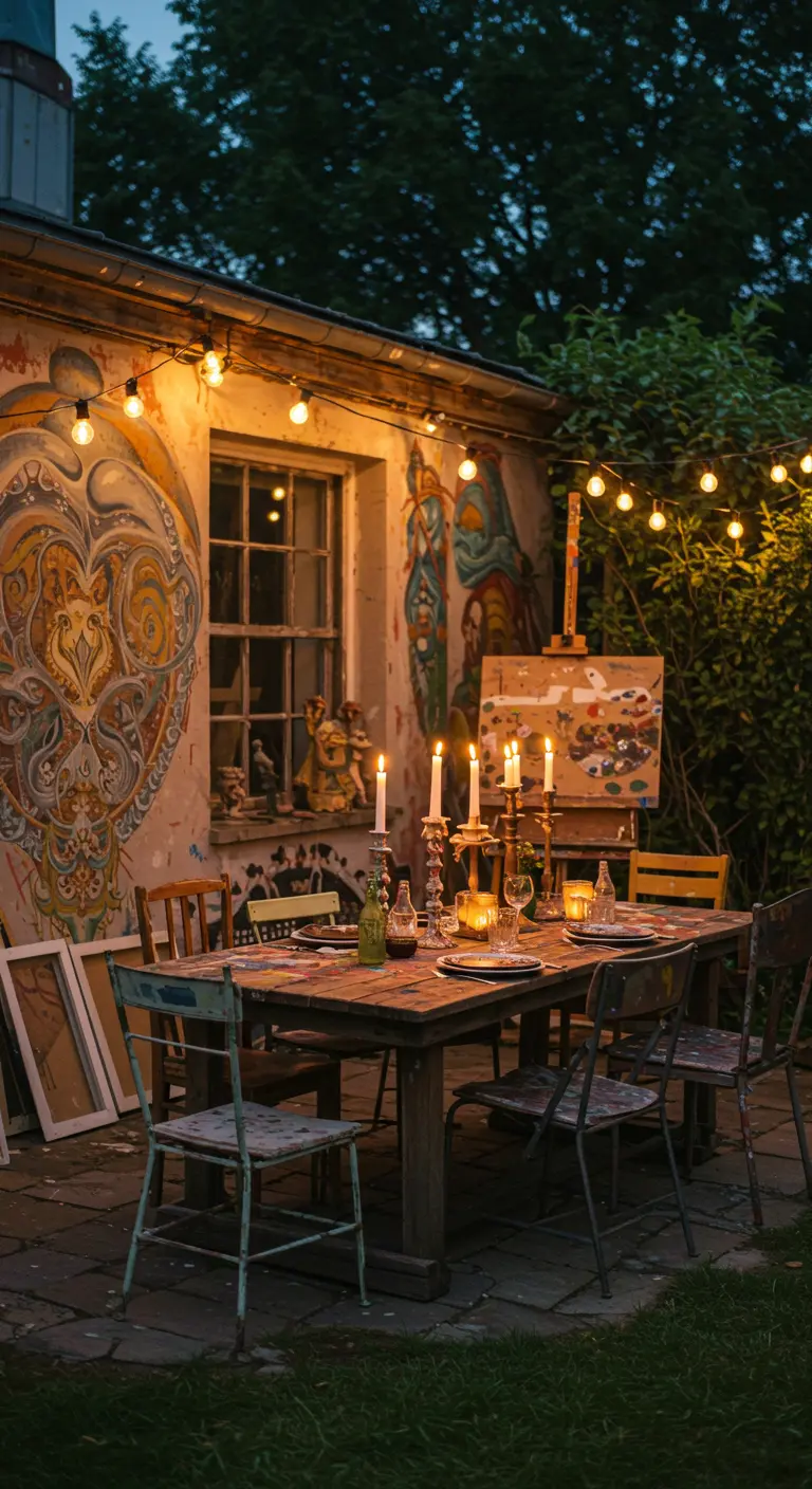 Artistieke tuintafel met kleurrijk tafelkleed, diverse stoelen en lichtsnoer.