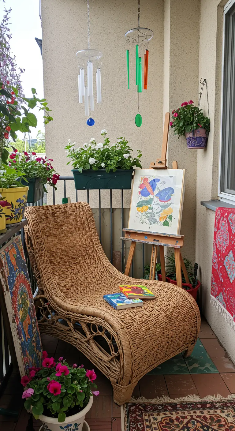 Rieten chaise longue op een balkon met schildersezel, kleurrijke kleden en windgongen.