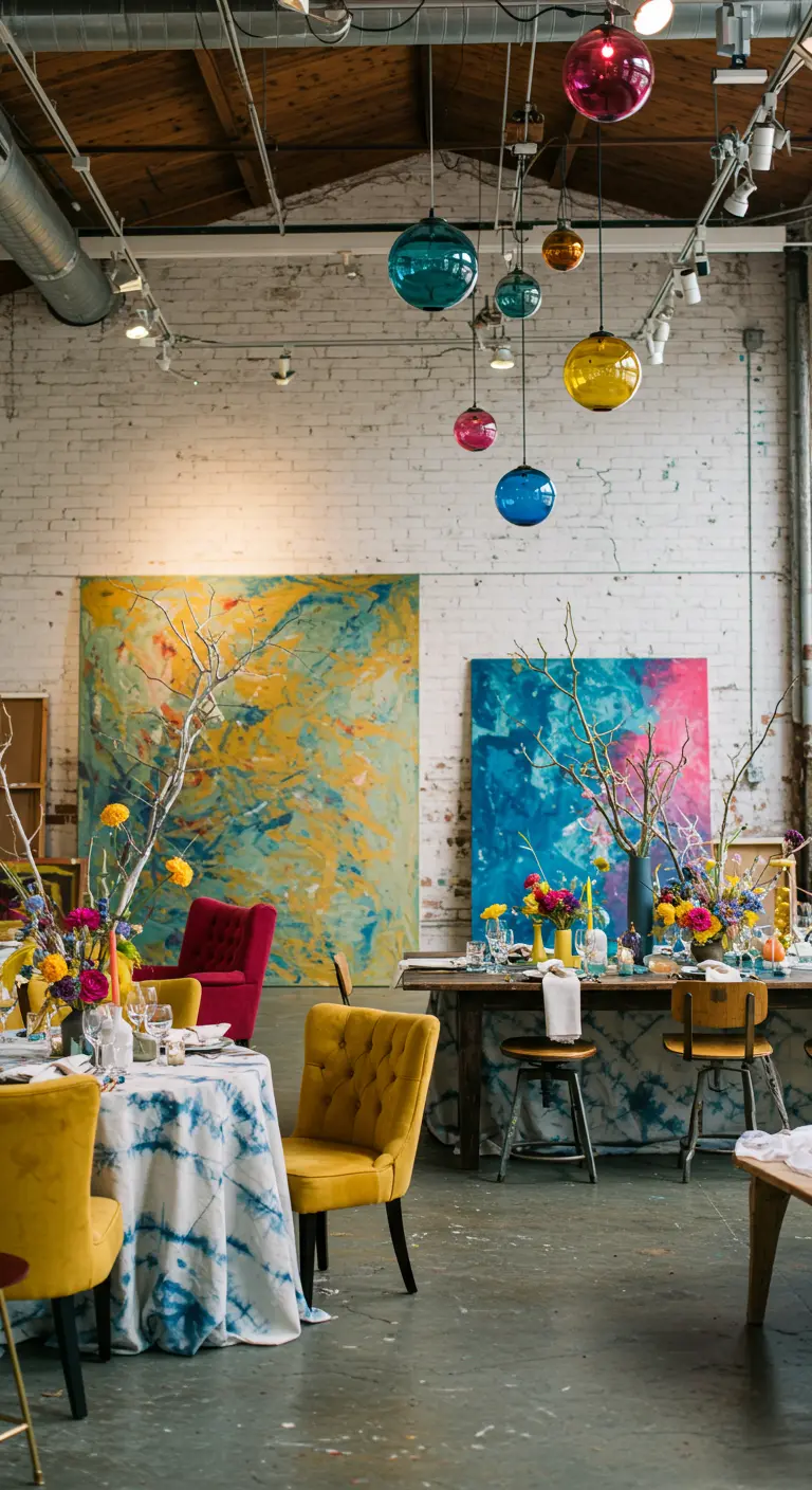 Artistieke bruiloftssetting met kleurrijke stoelen, tie-dye en abstracte kunst.