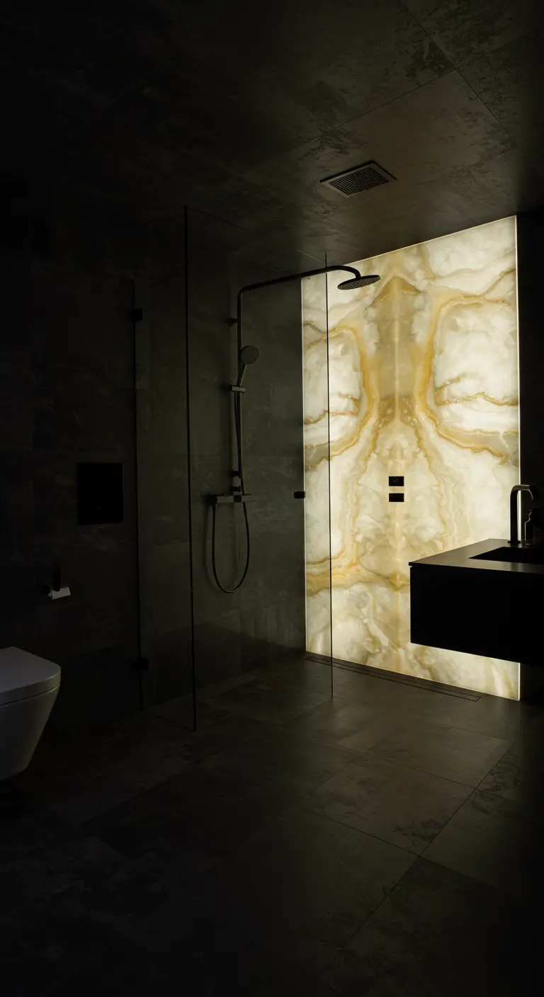 Donkere douche met een spectaculaire, van achteren verlichte onyx-look wand.