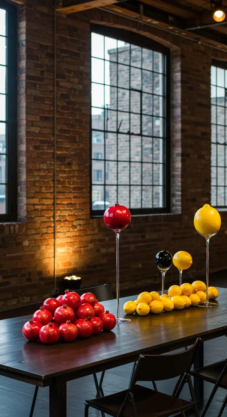 Donkere tafel in industriële ruimte met granaatappels en citroenen op hoge glazen standaards.