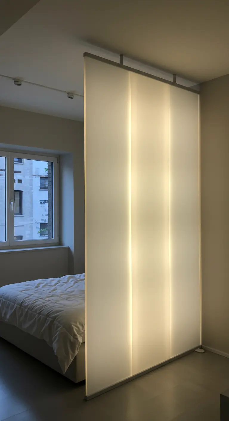 Slaapkamer met een groot, verticaal lichtgevend paneel als decoratie.