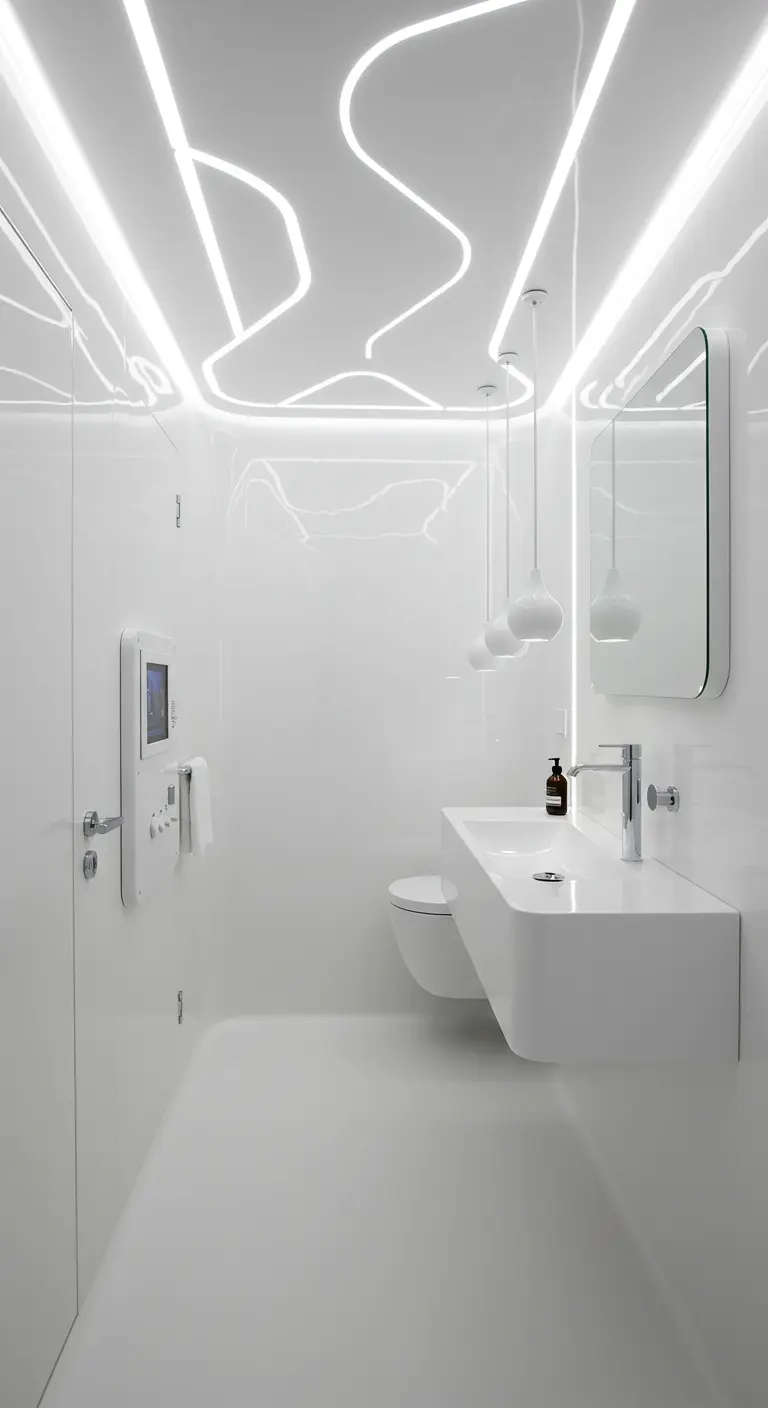 Futuristische witte badkamer met vloeiende, onregelmatige LED-lichtlijnen in het plafond en strakke witte pendellampen.