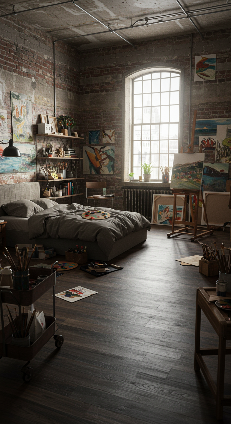 Artistieke loft slaapkamer met bakstenen muur, veel schilderijen, ezels en creatieve materialen.