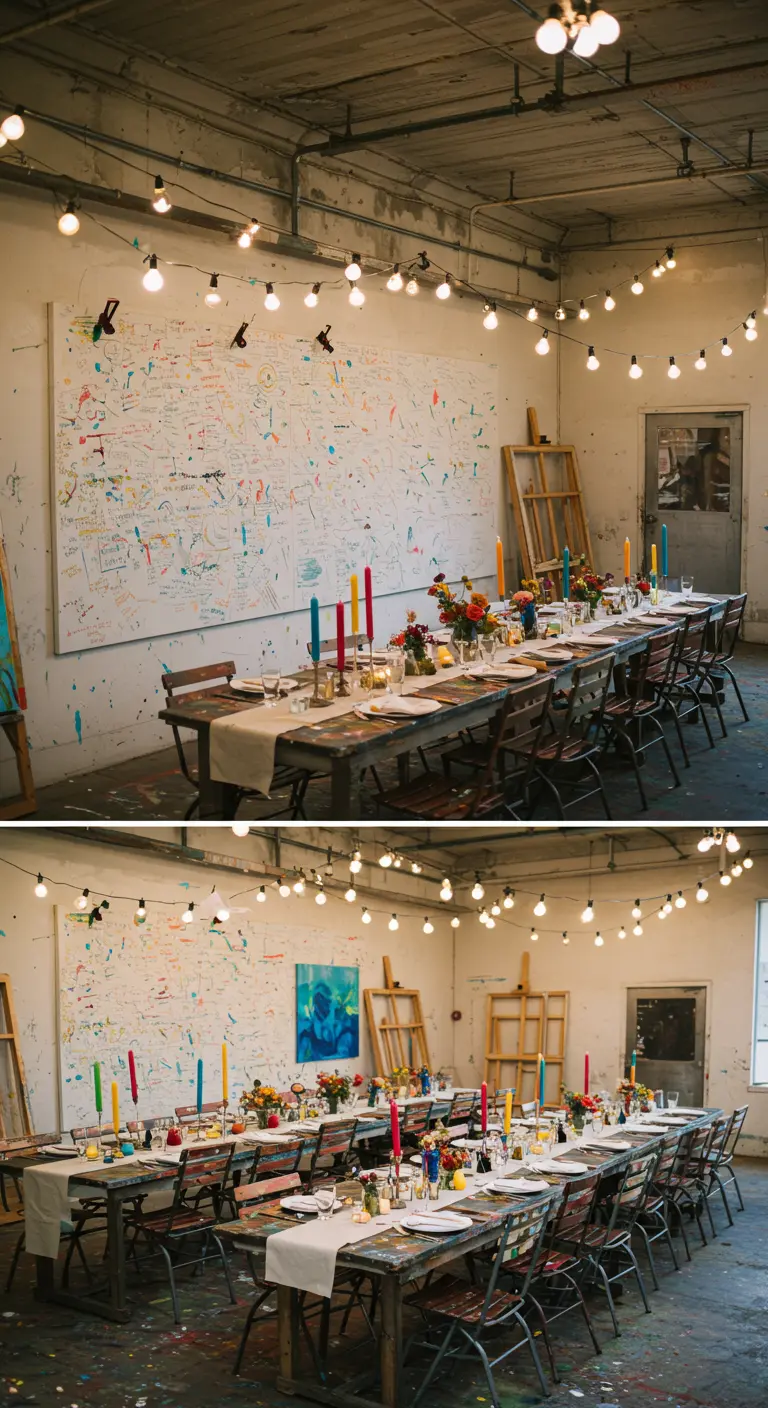 Receptie in kunstenaarsatelier met lange tafel, kleurrijke kaarsen en groot kunstcanvas.
