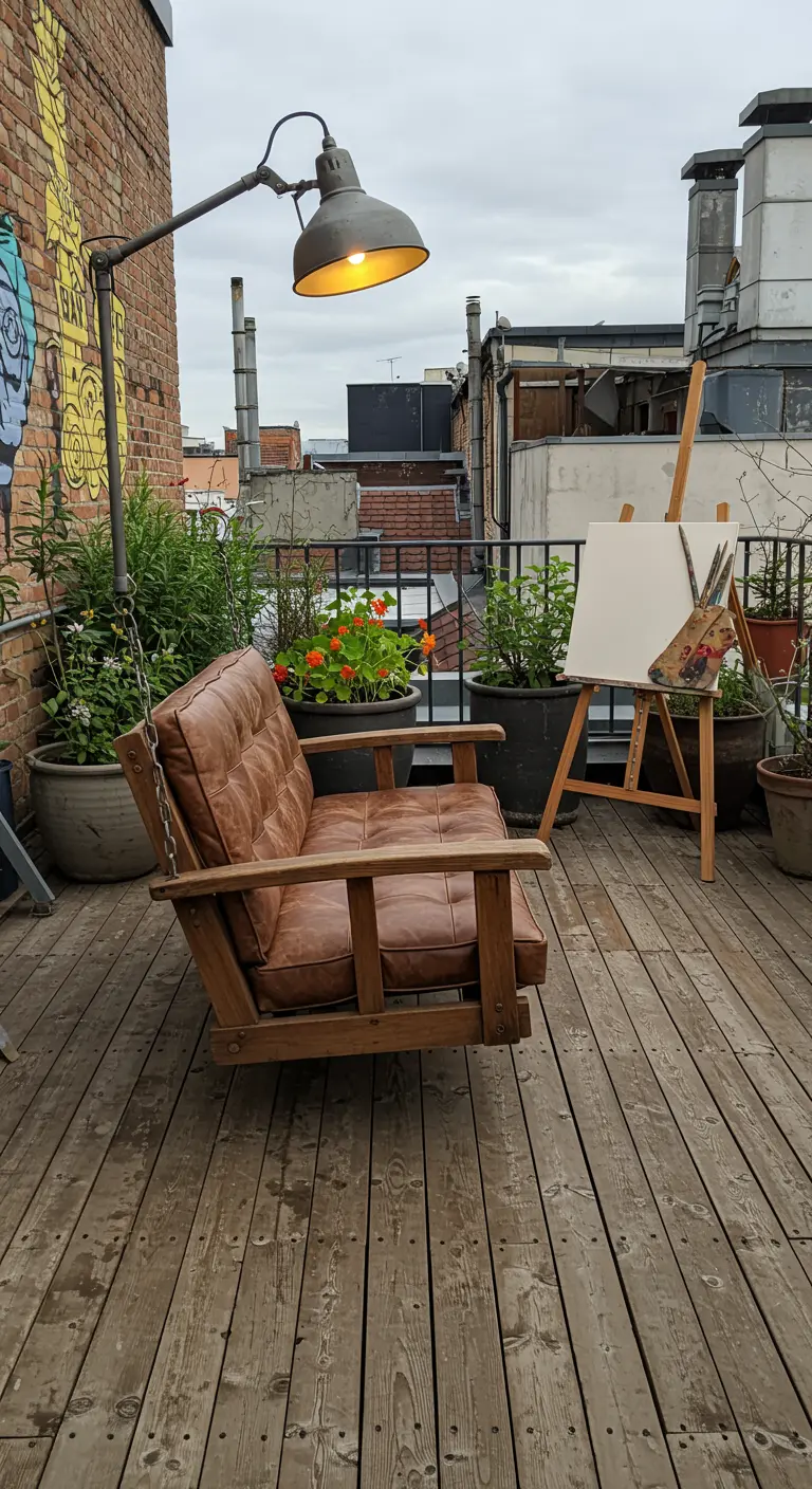 Dakterras met leren schommelbank, industriële vloerlamp, plantenpotten en een schilderezel.