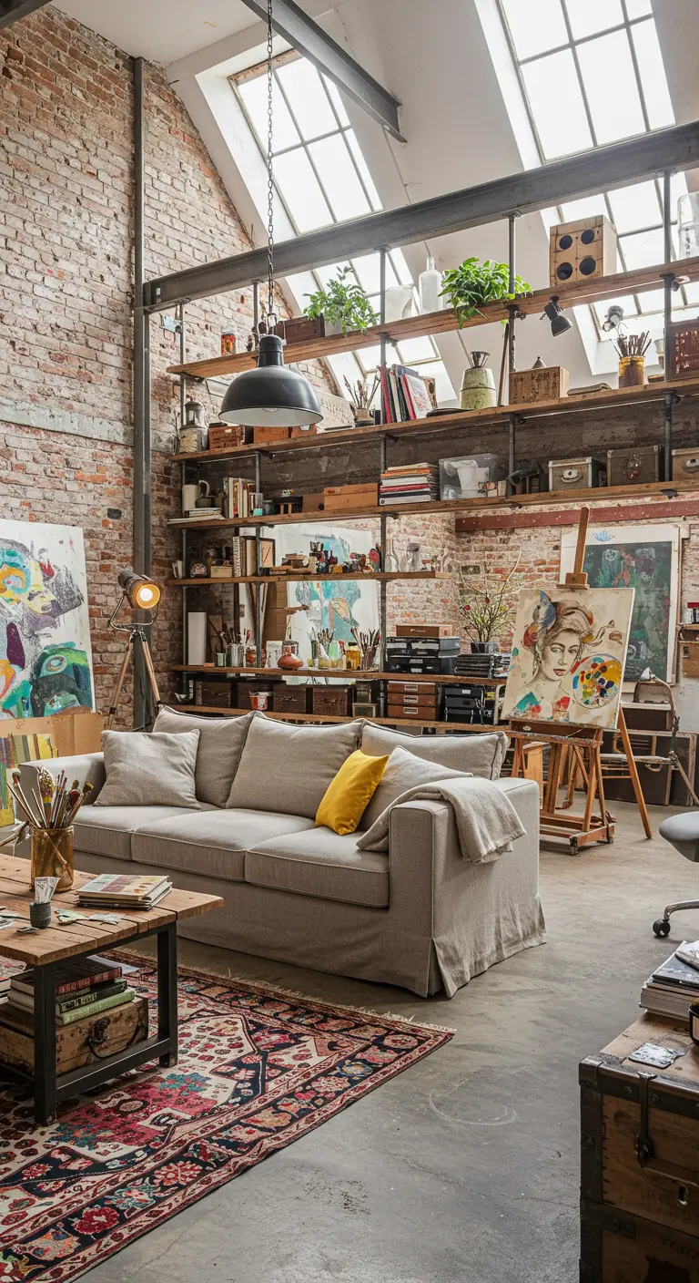 Artistieke loft woonkamer met bakstenen muur, hoge stellingkasten en een creatieve werkhoek.