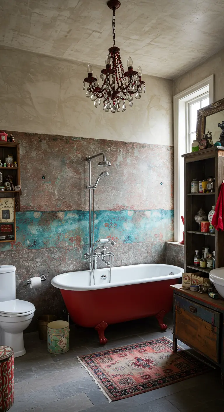 Eclectische badkamer met een muur met verweerde, gelaagde verftextuur in blauw en roestbruin.