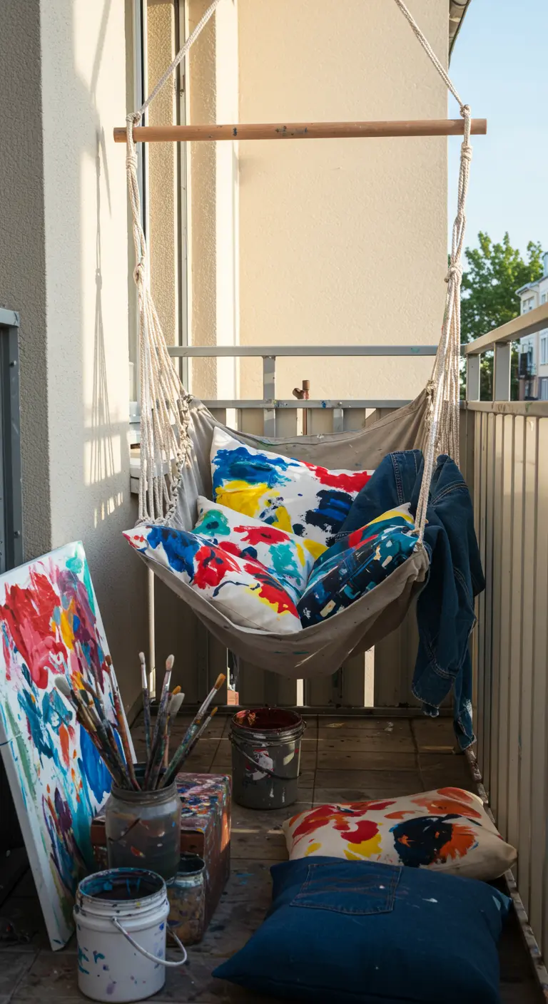 Canvas hangstoel met abstract beschilderde kussens en een spijkerjack op een balkon met verfspullen.