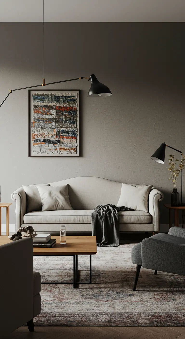 Moderne zithoek met een lichte bank en een groot abstract schilderij aan de muur.