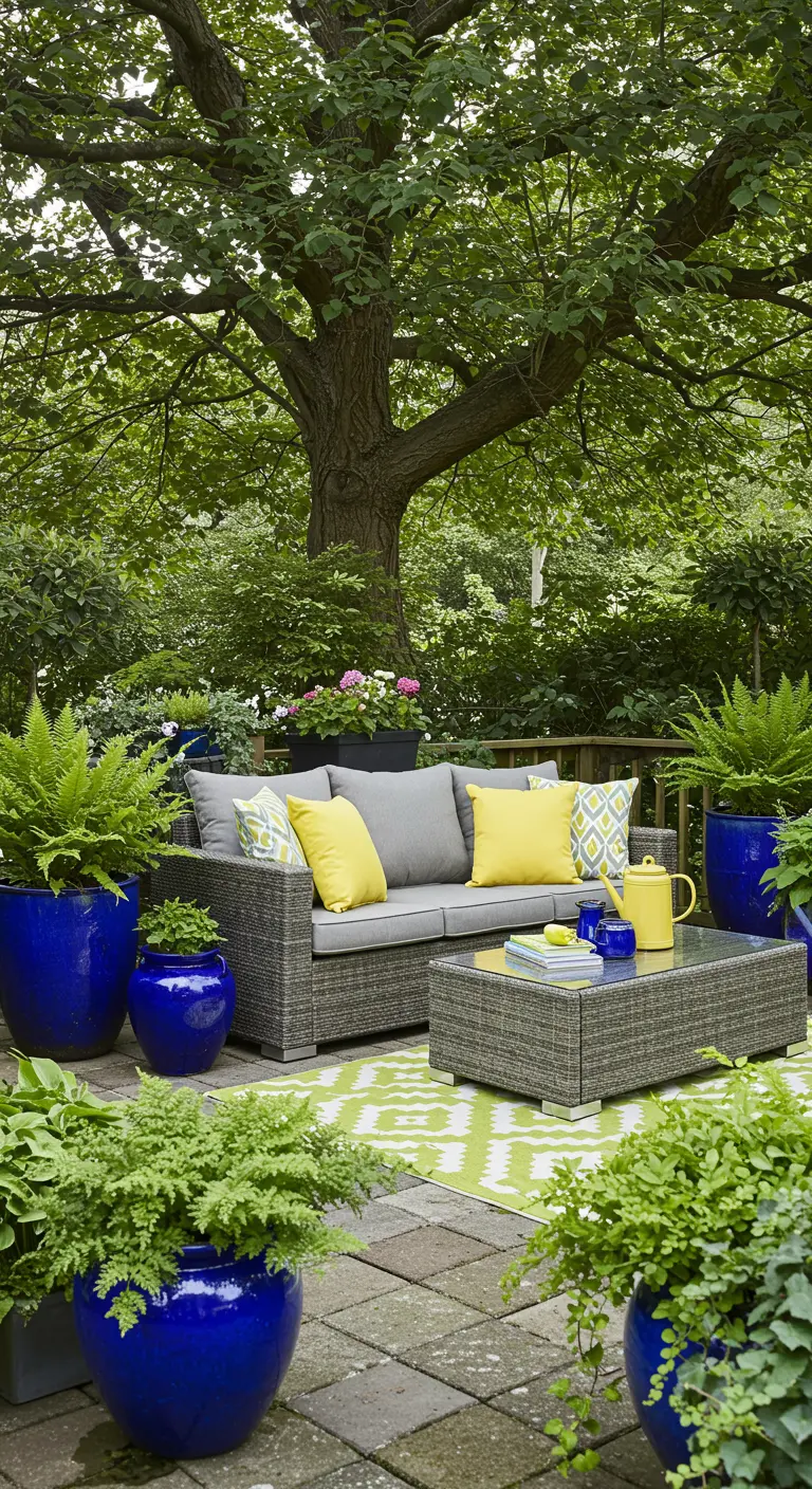 Terras onder een boom met een loungeset, felgele kussens en grote blauwe potten met Astilbes en varens.