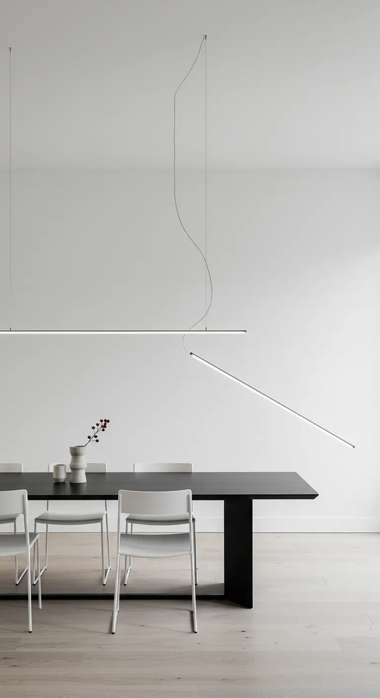 Moderne eetkamer met asymmetrische minimalistische LED-hanglamp