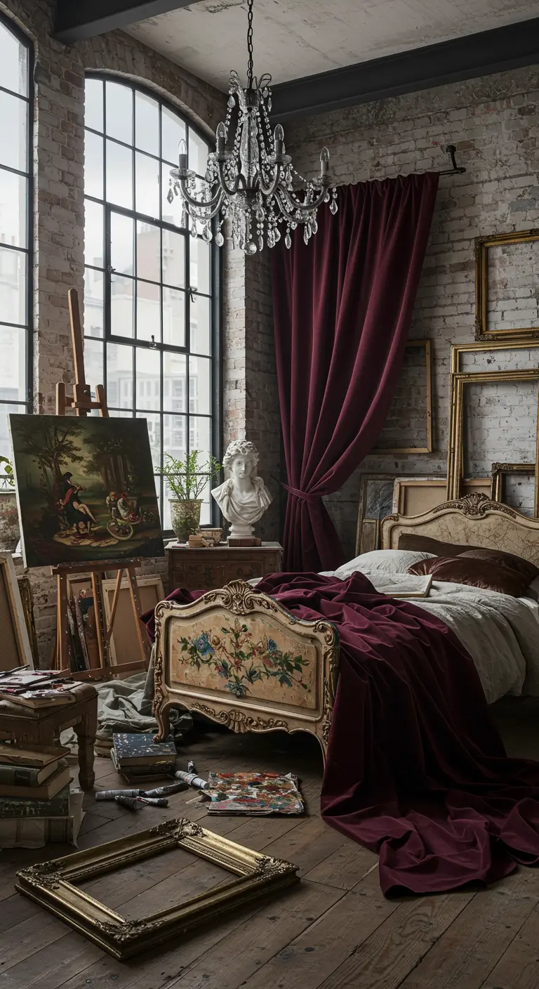 Artistieke slaapkamer met bakstenen muur, industrieel raam, fluwelen gordijnen en bloemrijk bed.