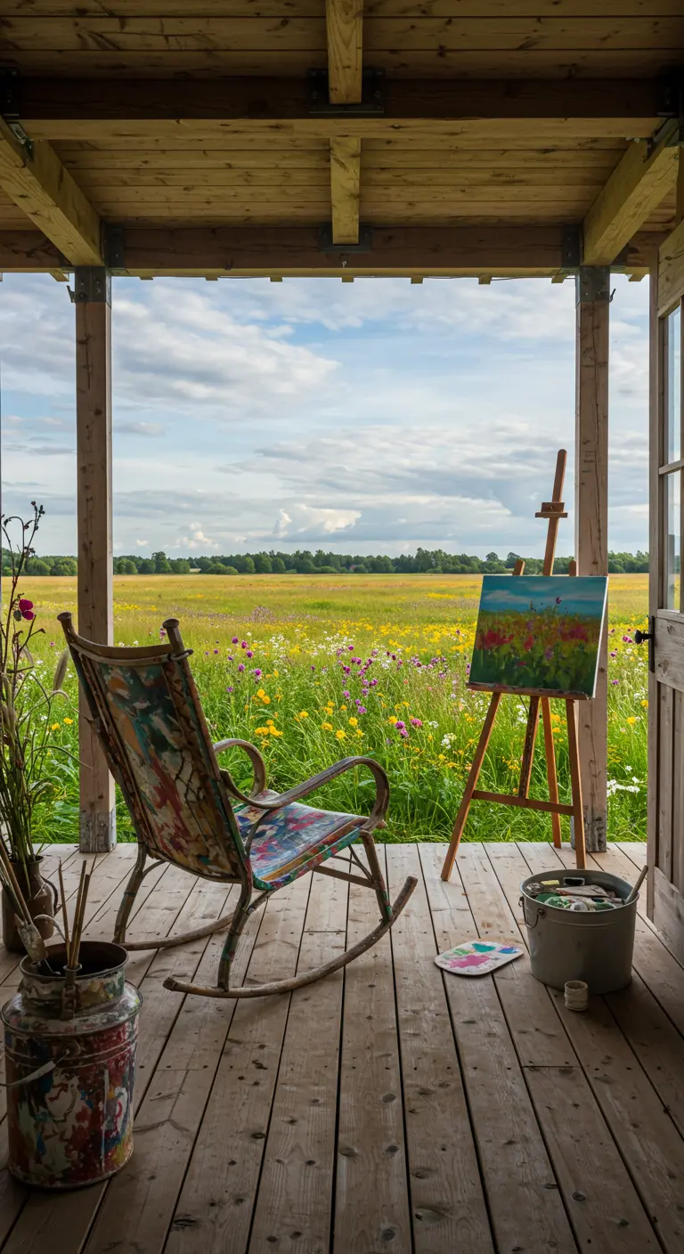 Beschilderde schommelstoel en schildersezel met schilderij op een houten veranda met uitzicht op bloemenweide.