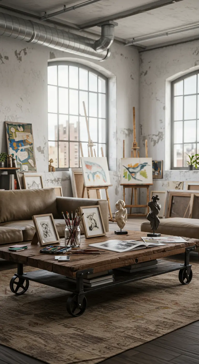 Houten salontafel op wieltjes met ingelijste schetsen, penselen en kunstboeken.