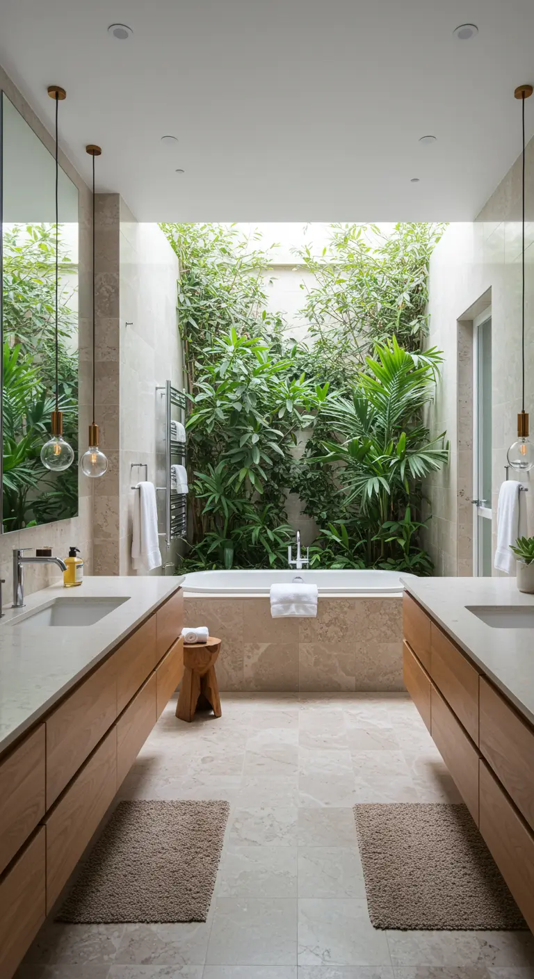 Badkamer met glazen dak boven het bad, veel planten en twee houten wastafels.