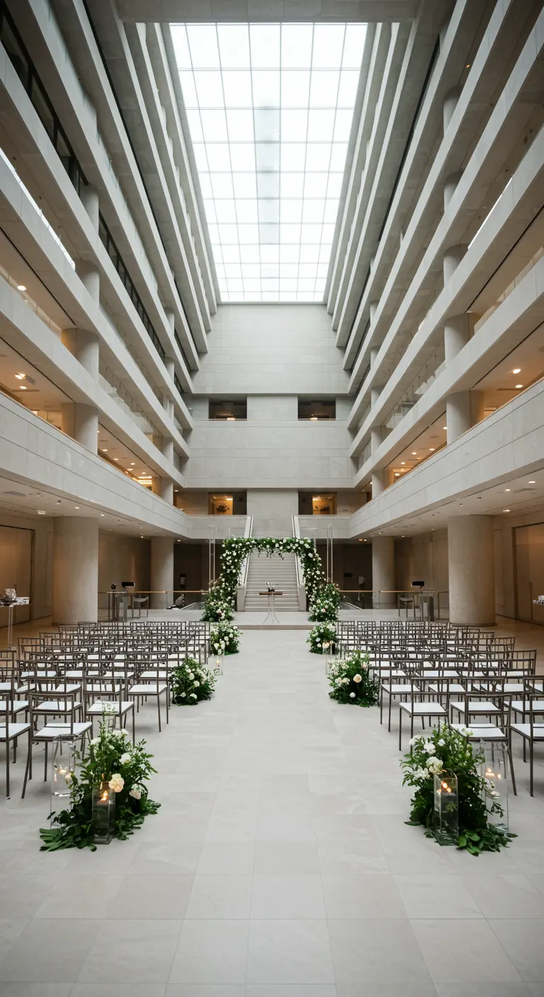 Ceremonie in modern atrium met grote groene bloemenboog en veel natuurlijk licht.