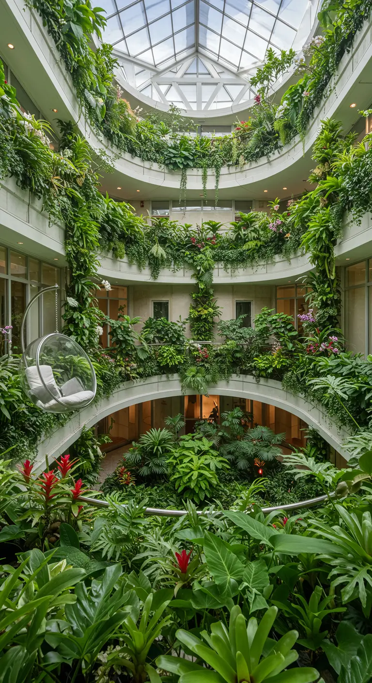 Transparante bubbel hangstoel in een modern atrium vol met hangende planten op meerdere niveaus.