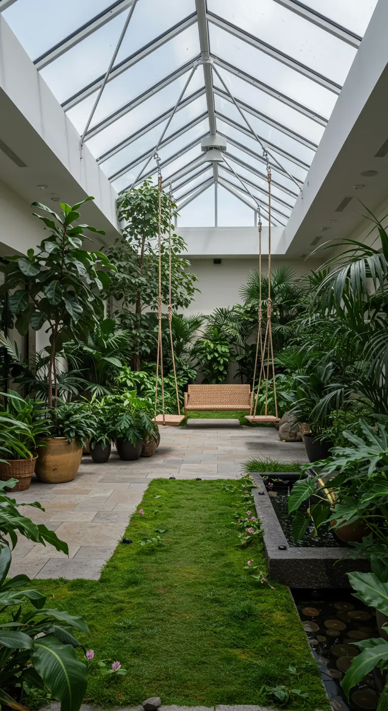 Licht atrium met grote groene planten in potten, een vijver en een houten schommel.