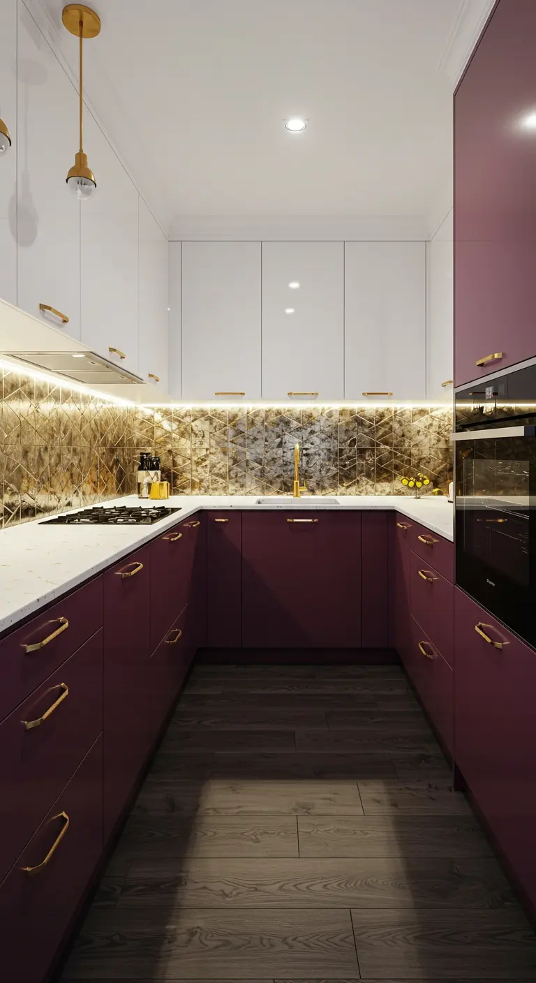 Moderne keuken met aubergine onderkasten, witte bovenkasten en gouden geometrische tegelachterwand.