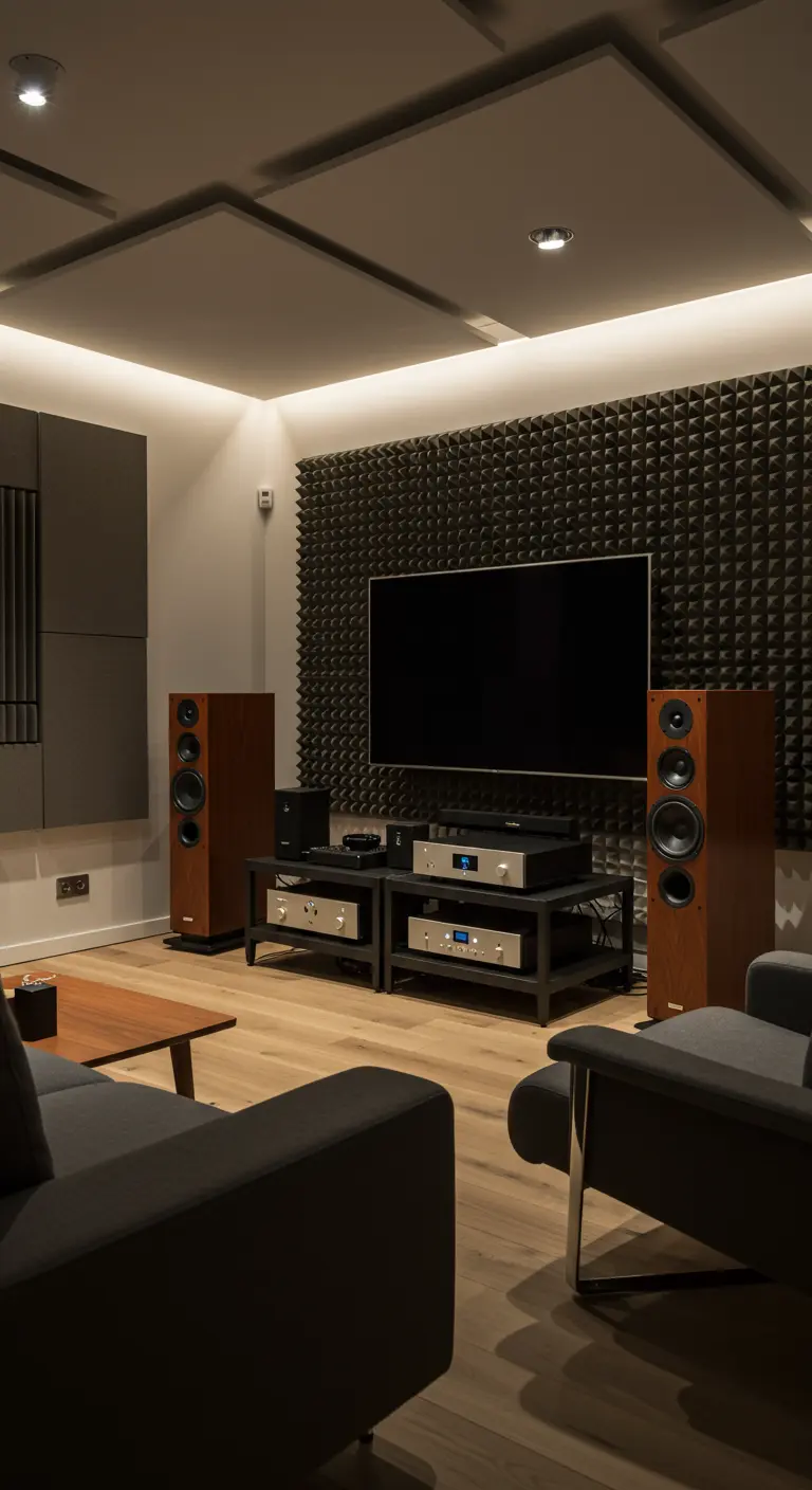 Home cinema TV-hoek met grote luidsprekers en akoestische panelen.