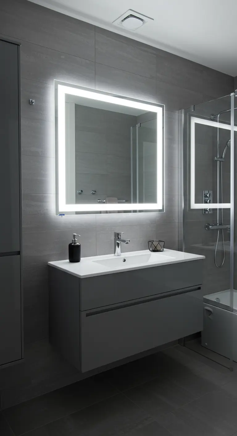 Badkamermeubel met wastafel en vierkante spiegel met heldere LED-verlichting rondom.