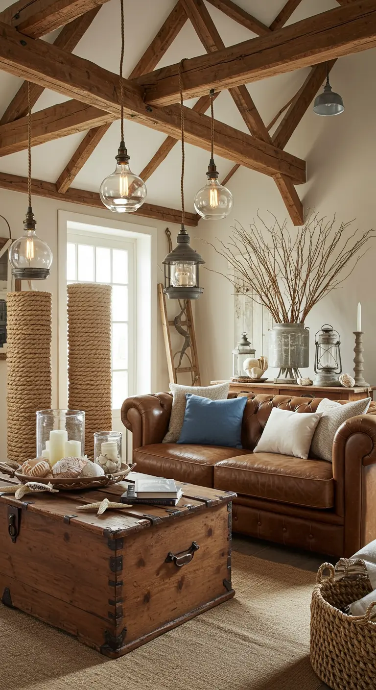 Warme woonkamer met leren bank, houten kist, touwdecoratie en glazen hanglampen.