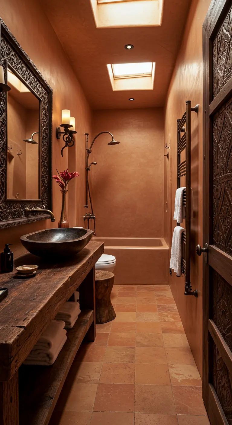 Badkamer in terracotta en hout met rustieke wastafel, spiegel en houten deur