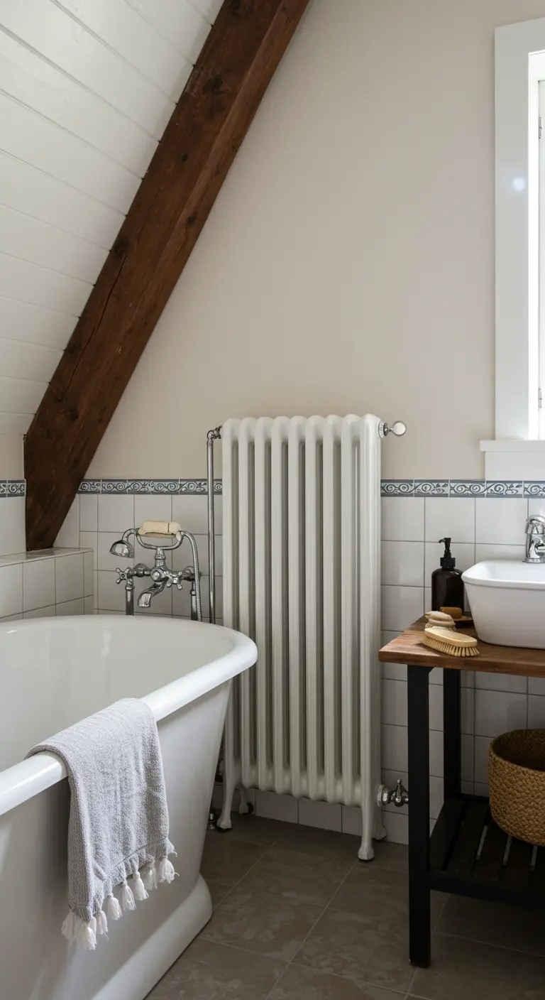 Klassieke witte radiator naast vrijstaand bad in badkamer met houten balk en schuin dak.