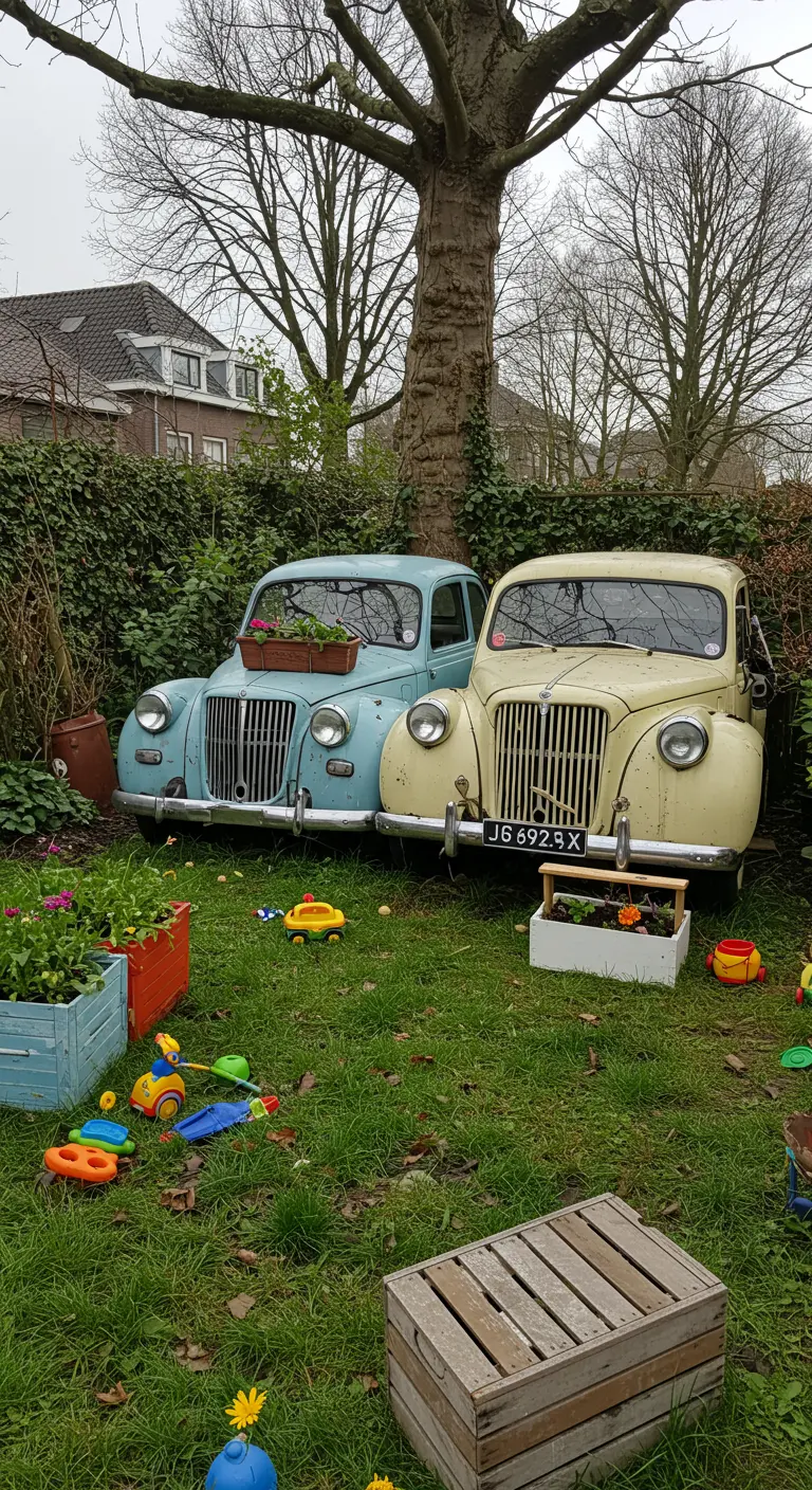Twee oldtimer auto's in een tuin, gebruikt als grote bloembakken.