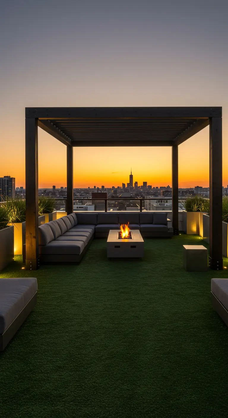 Moderne daktuin met zwarte pergola, kunstgras, loungeset en vuurplaats met zonsondergang.