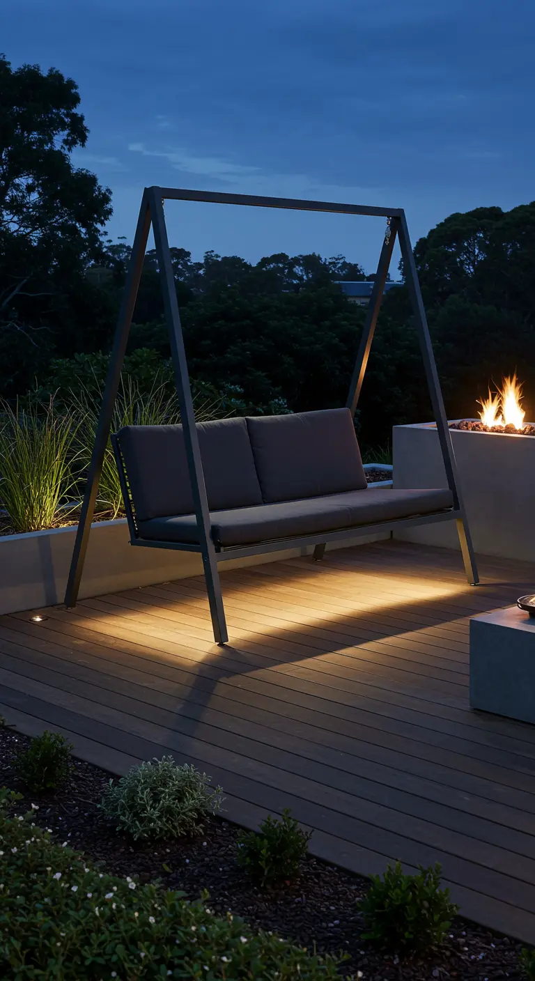 Moderne tweezits schommelbank met donker metalen frame en verlichting eronder, naast een vuurplaats.