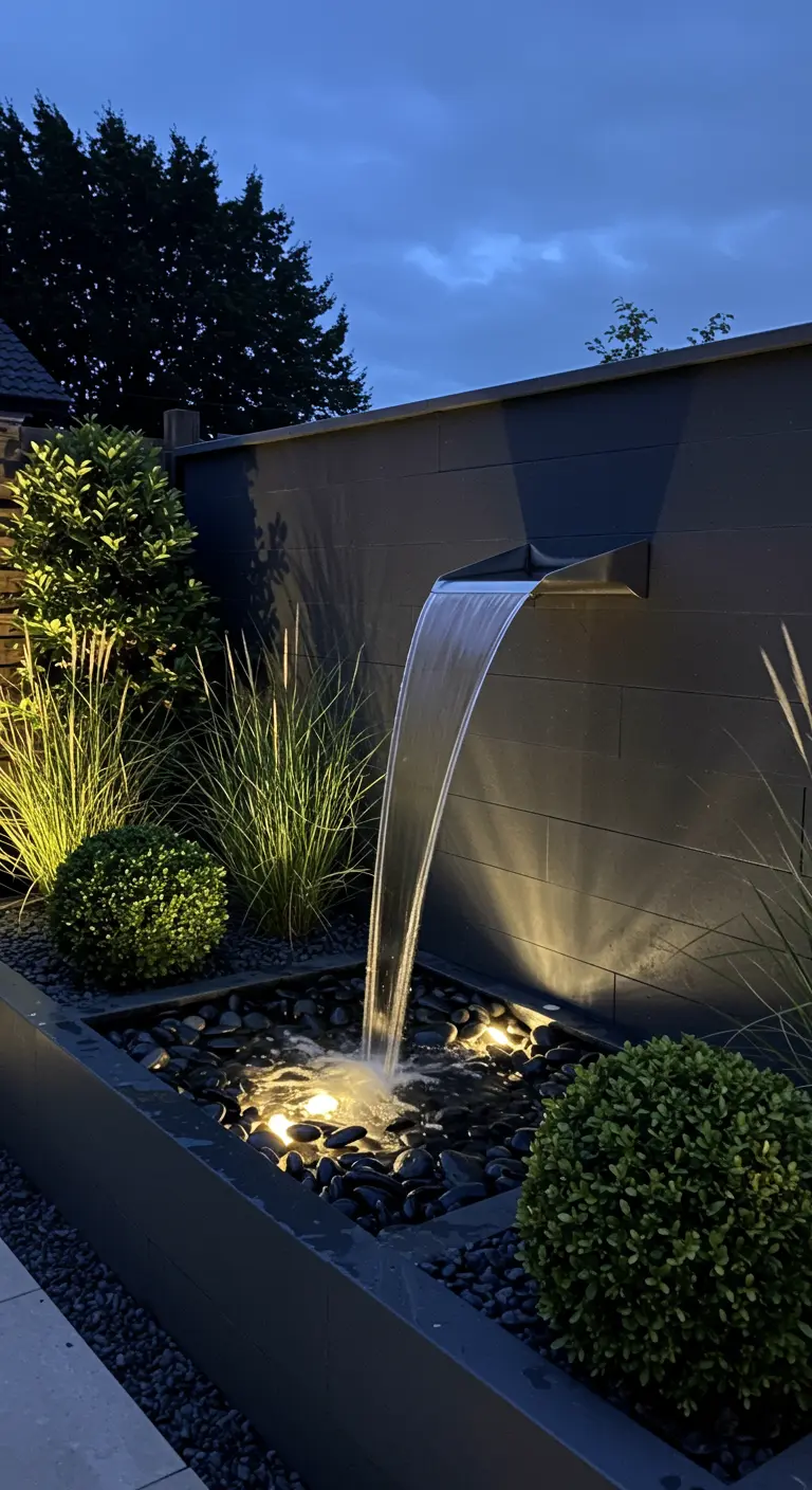 Moderne muurwaterval met sfeervolle avondverlichting en siergrassen.