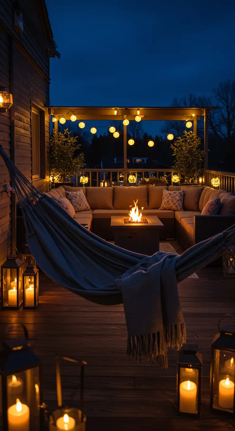 Blauwe hangmat op een houten terras met loungebank, vuurplaats en lichtslingers bij avond.