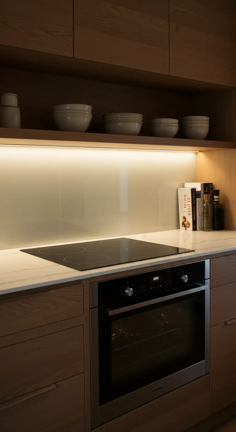 Ingebouwde oven en kookplaat in houten keuken met warm verlichte glazen achterwand.