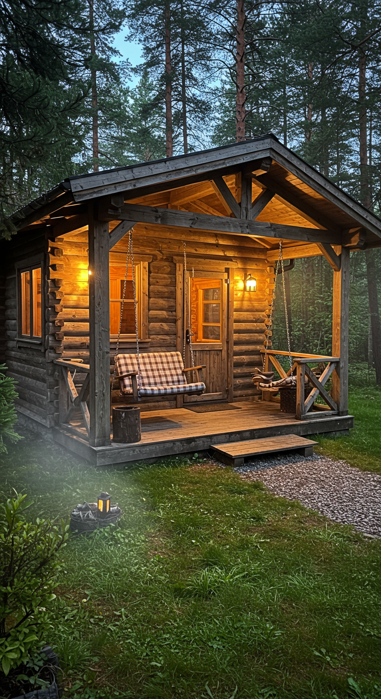 Houten blokhut met veranda, schommelbanken en warme avondverlichting.