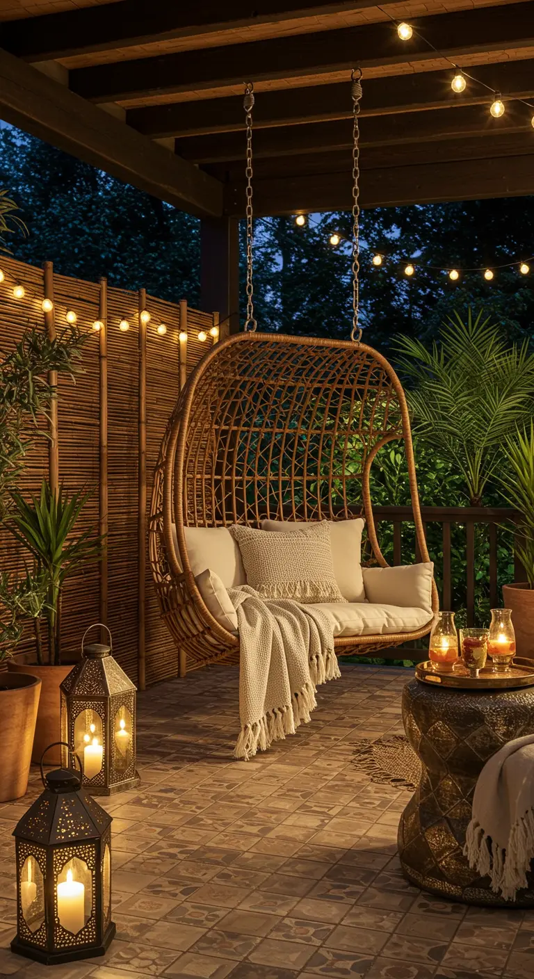 Rotan tweezitter hangstoel op veranda met lantaarns, lichtsnoer en bamboe afscheiding in de avond.