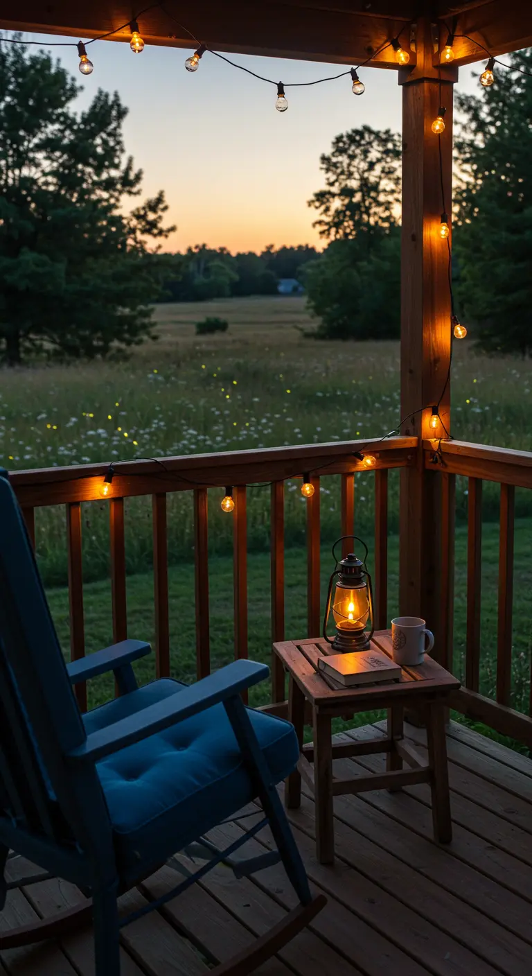 Blauwe schommelstoel op veranda met sfeerlichten en lantaarn bij zonsondergang met veld op de achtergrond.