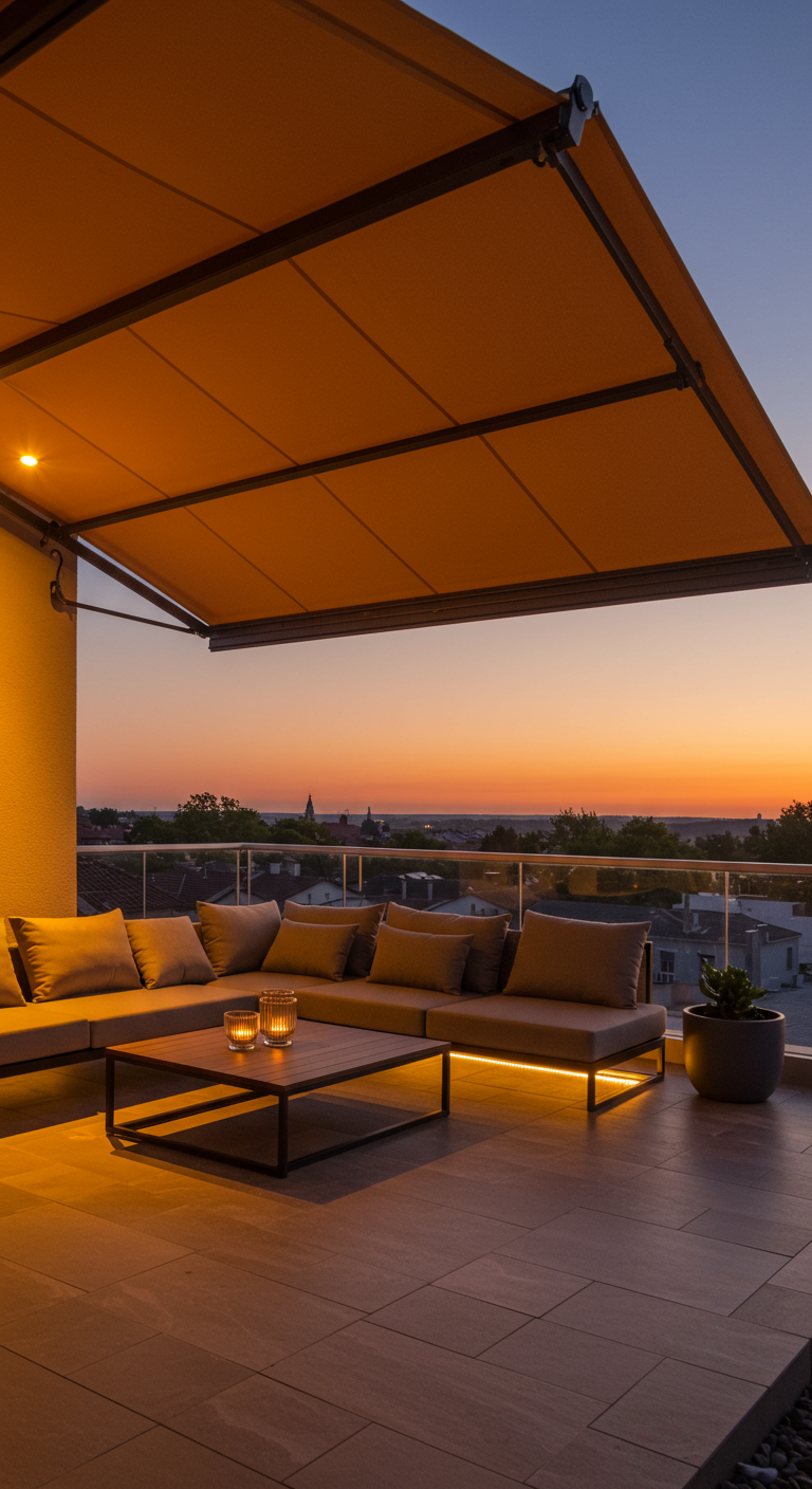 Ruim balkon met groot oranje zonnescherm boven een loungebank, sfeervol verlicht bij zonsondergang.