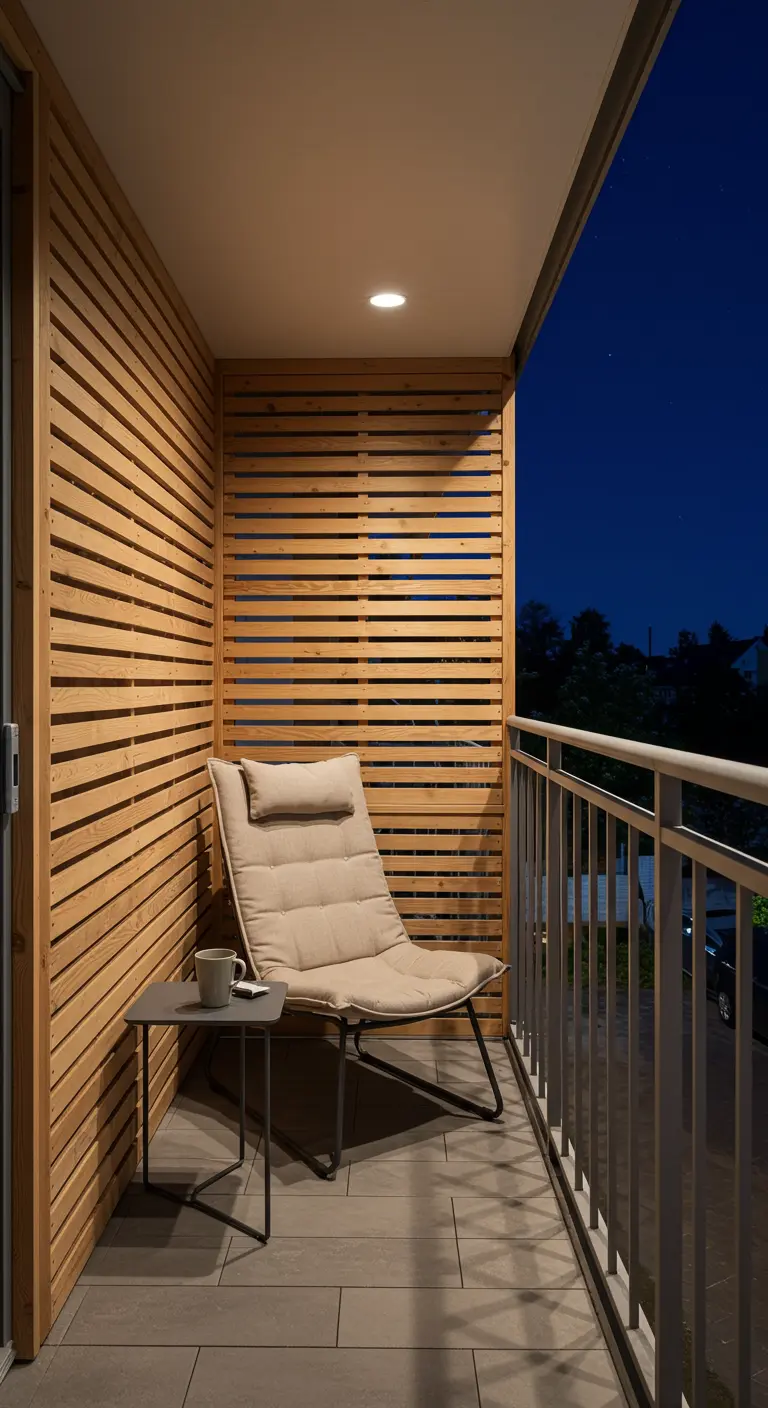 Comfortabele loungestoel op een balkon met houten lattenwand en sfeerverlichting.