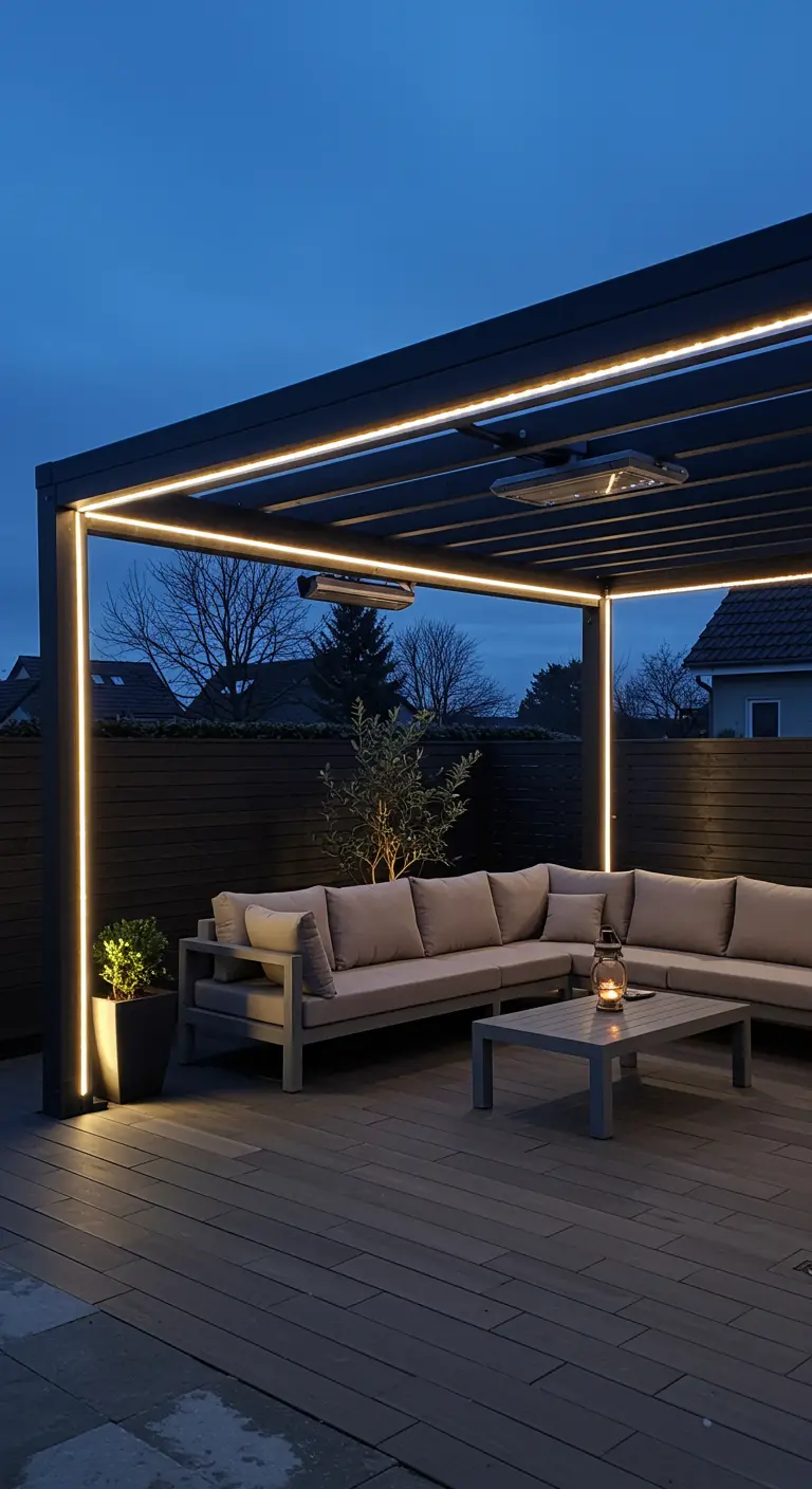 Moderne donkere pergola met geïntegreerde LED-verlichting en loungeset eronder, 's avonds.