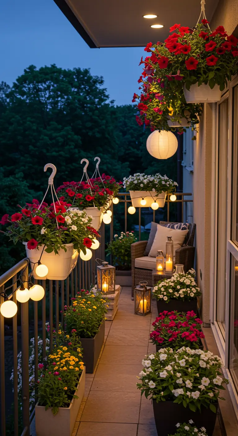 Romantisch balkon 's avonds met hangende bloempotten, lantaarns en lichtslingers.