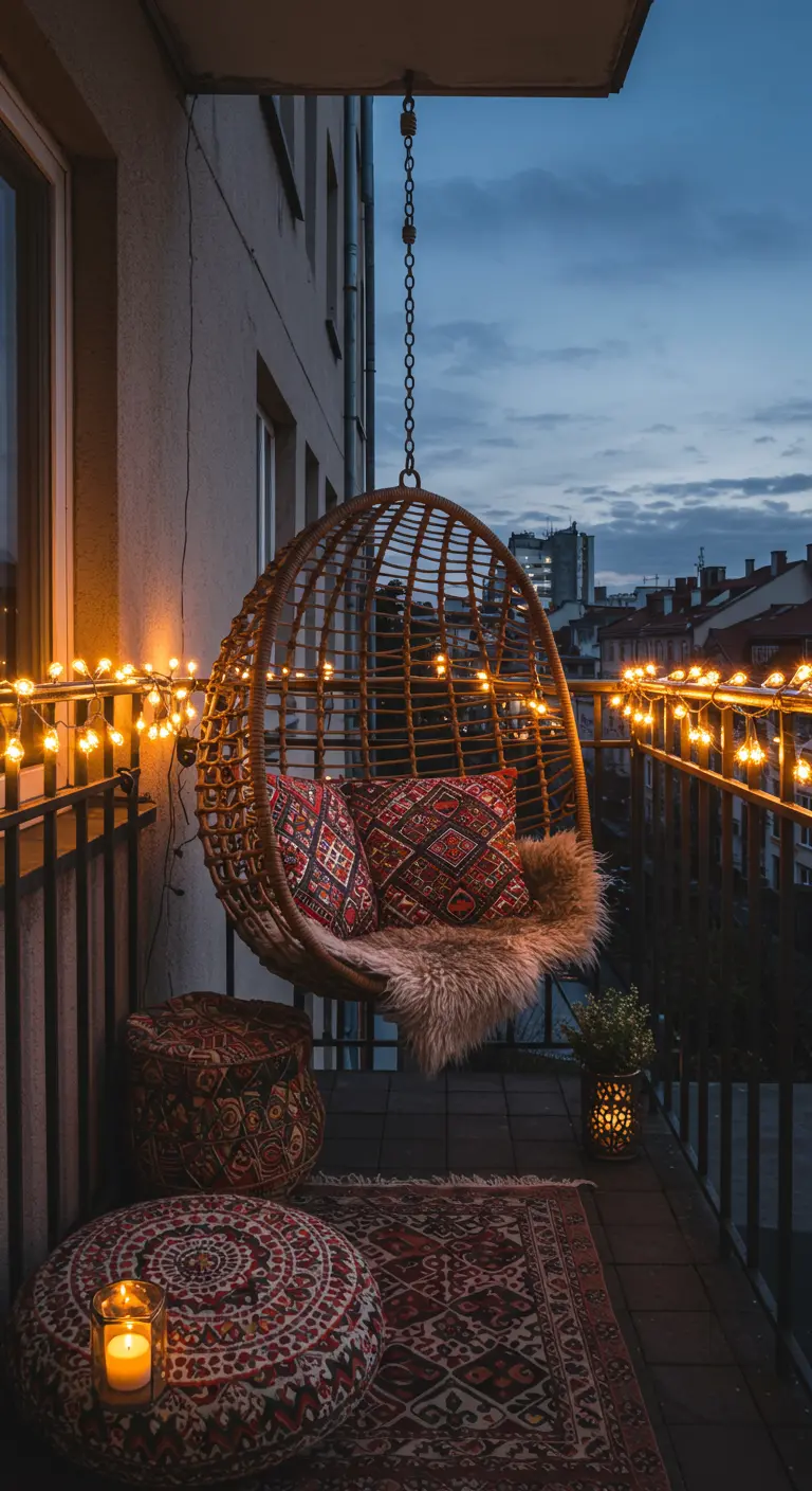 Rotan eivormige hangstoel met rode kussens, lichtsnoer en tapijt op balkon 's avonds.
